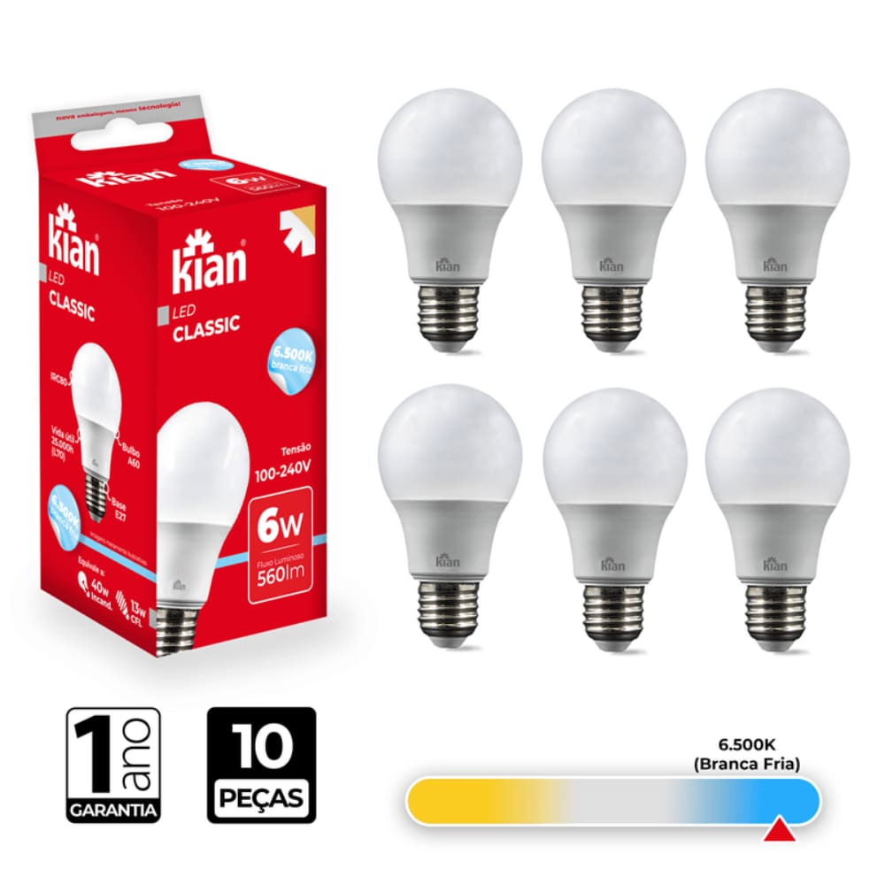 Lâmpada Led Bulbo A60 6W 6.500K Branca Fria Bivolt Kian - 10 Peças