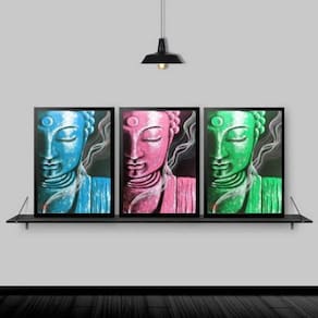Kit 3 Quadros Feng Shui Budas Coloridos 24X18 Moldura Preta