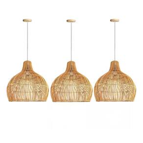 3 Pendente De Fibra Natural Rattan Rustico Mesa Nat36