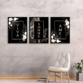 Kit 3 Quadros Viva, Sonhe, Ame Preto 45X34Cm Com Vidro Preta