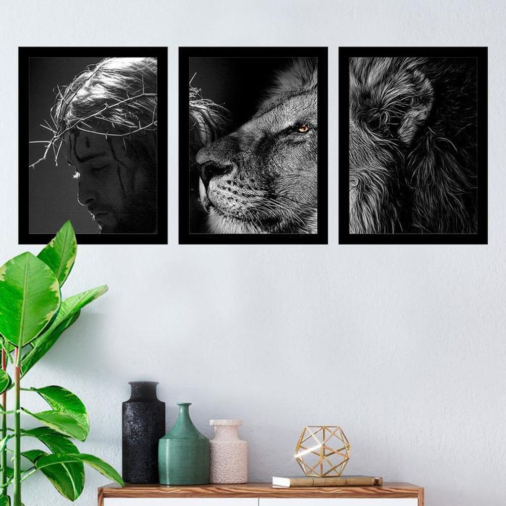 Kit 3 Quadros Decorativos 27X36 Leão De Judá Preto E Branco