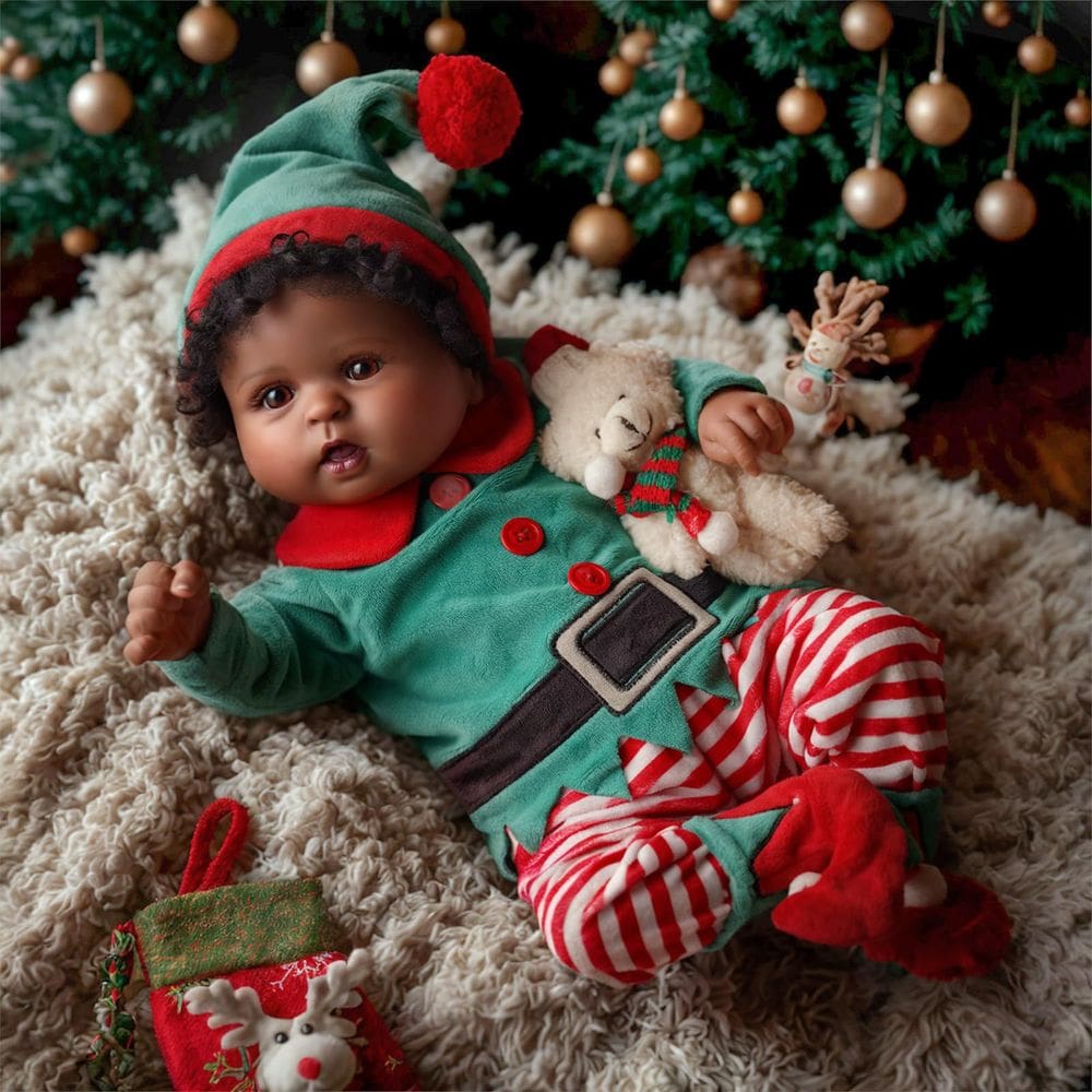 Boneca Reborn BABESIDE Black Girl 50 cm com roupa de Natal