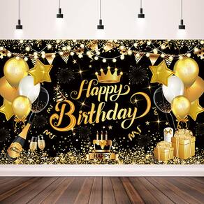 Pano de fundo Dizquaxi Feliz Aniversário, 6 x 4 pés, ouro preto, glitter