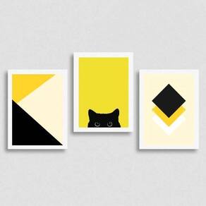 Kit 3 Quadros Geométricos Gato Preto/Amarelo 33X24Cm Branca