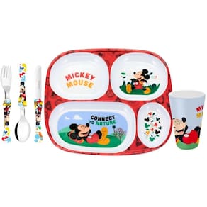 Kit Prato Refeição Infantil 4 Divisórias, Copo Melamina e Talheres Mickey Disney - Tuut
