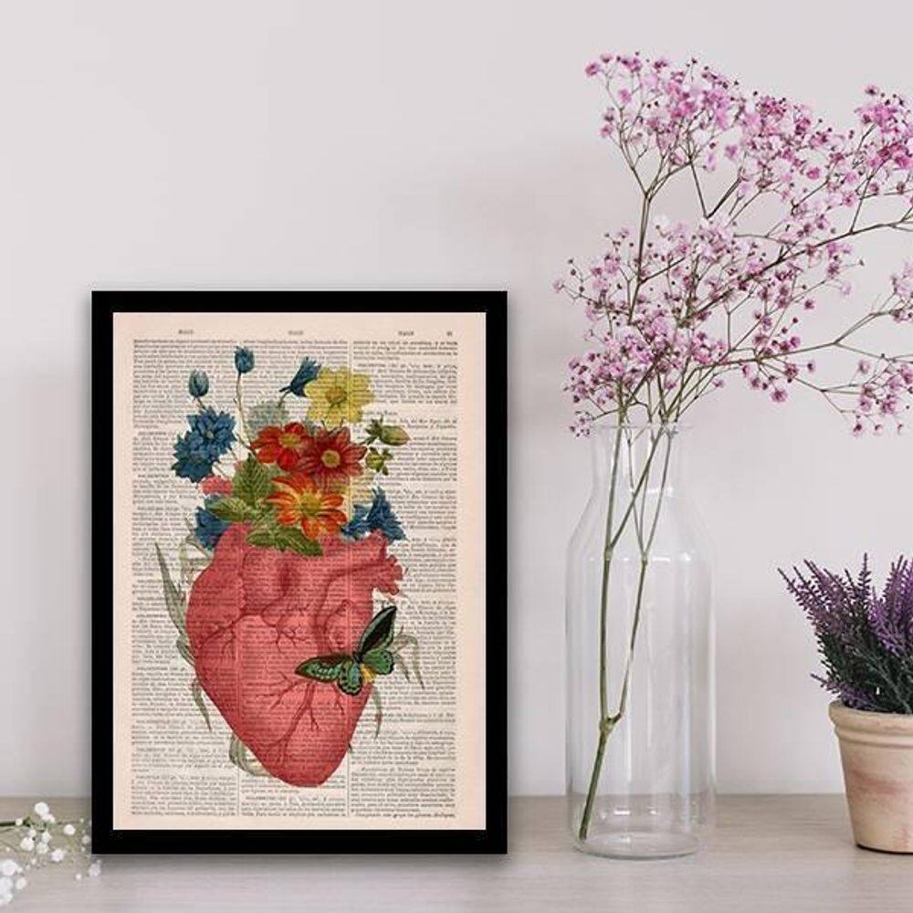 Quadro Coração Com Flores 24X18Cm - Com Vidro