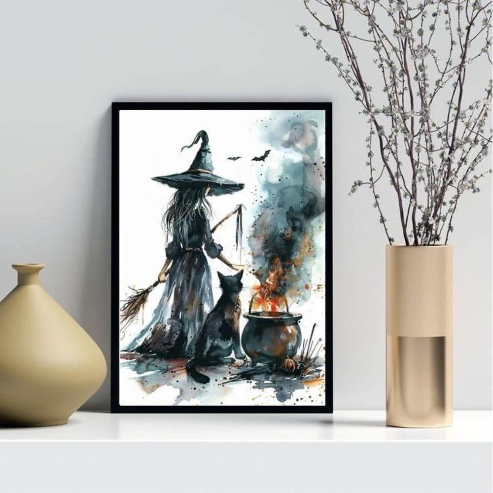 Quadro Decorativo Aquarela Bruxa 24X18Cm - Com Vidro