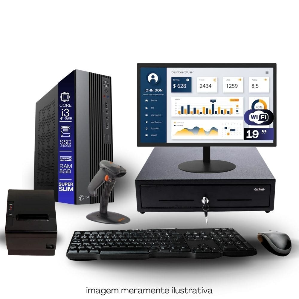 Kit Automação PDV TOB i3 4ªG 8GB SSD 240GB Win10 Rede S/Fio Teclado Mouse Monitor 19" Gvt. Dinheiro Imp. Térmica Leitor Cód Barras