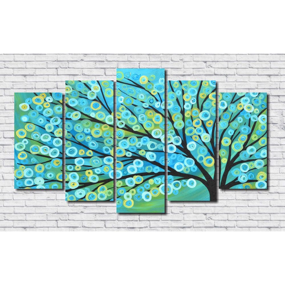 Quadro Decorativo Arvore Turquesa Moderno 5 Peças