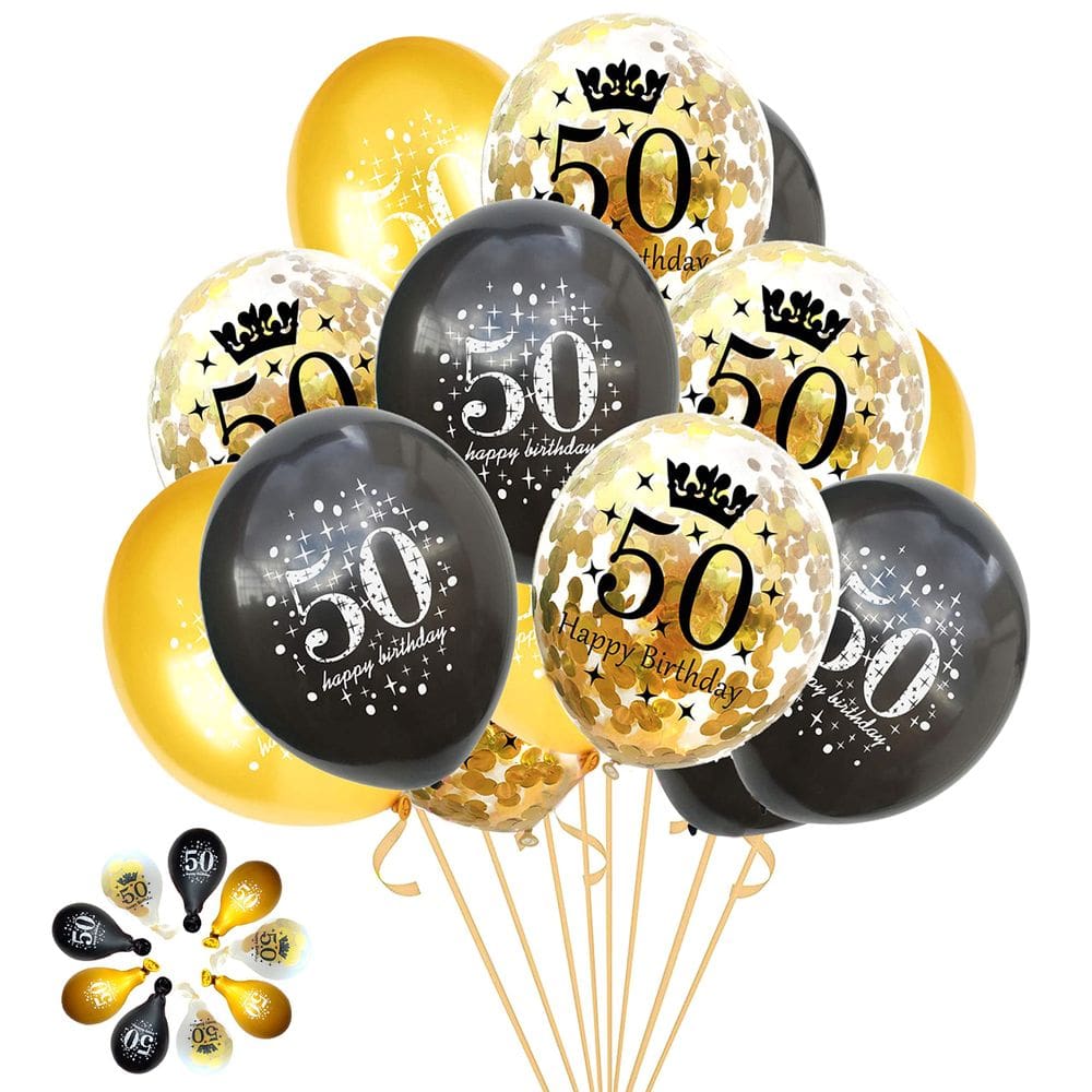 Balões de festa Jonhamwelbor 50º aniversário dourados e pretos x15