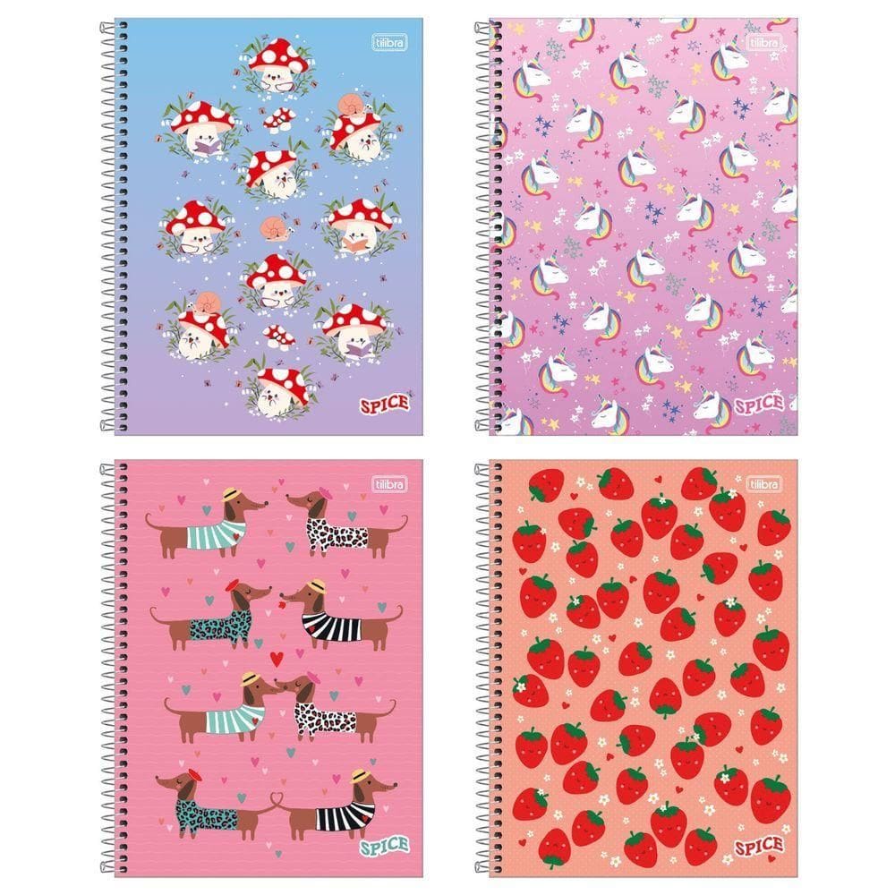 Kit C- 4 Caderno Universitário Spice Feminino Tilibra Capa Dura Espiral - 1m 80fls
