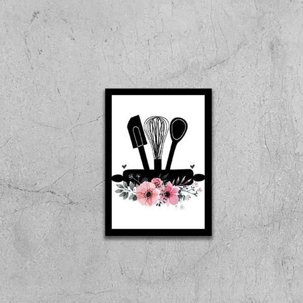 Quadro Utensílios De Cozinha 45X34Cm Com Vidro Moldura Preta