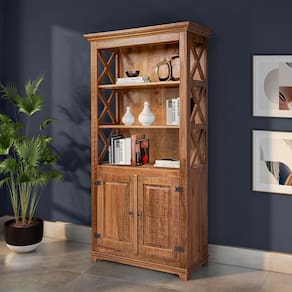 Livreiro Estante Rústica com Prateleiras Detalhe X em Madeira Maciça com 2 Portas - Natural