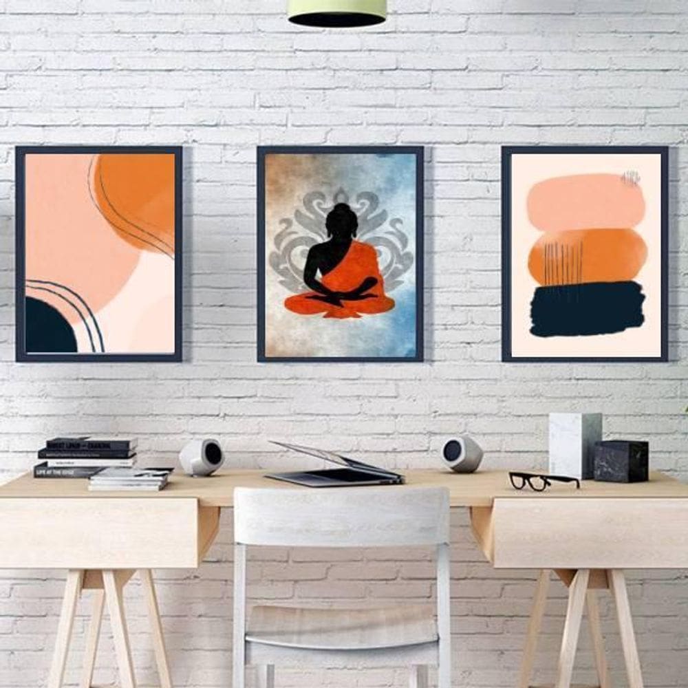 Kit 3 Quadros Meditação Abstrato 33X24Cm Moldura Preta