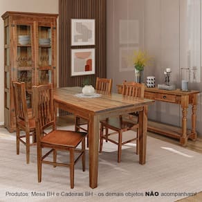Mesa de Jantar Bh Retangular 1,60m com 6 Cadeiras de Jantar Bh em Madeira Maciça - Natural