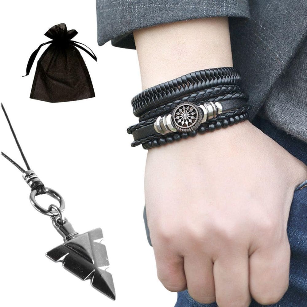 Kit Pulseiras Masculinas Couro Ajustável + Colar Flecha