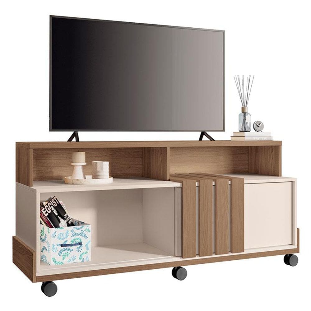 Rack bancada para Sala Graci 1.36 Castanho Off White - HB Móveis