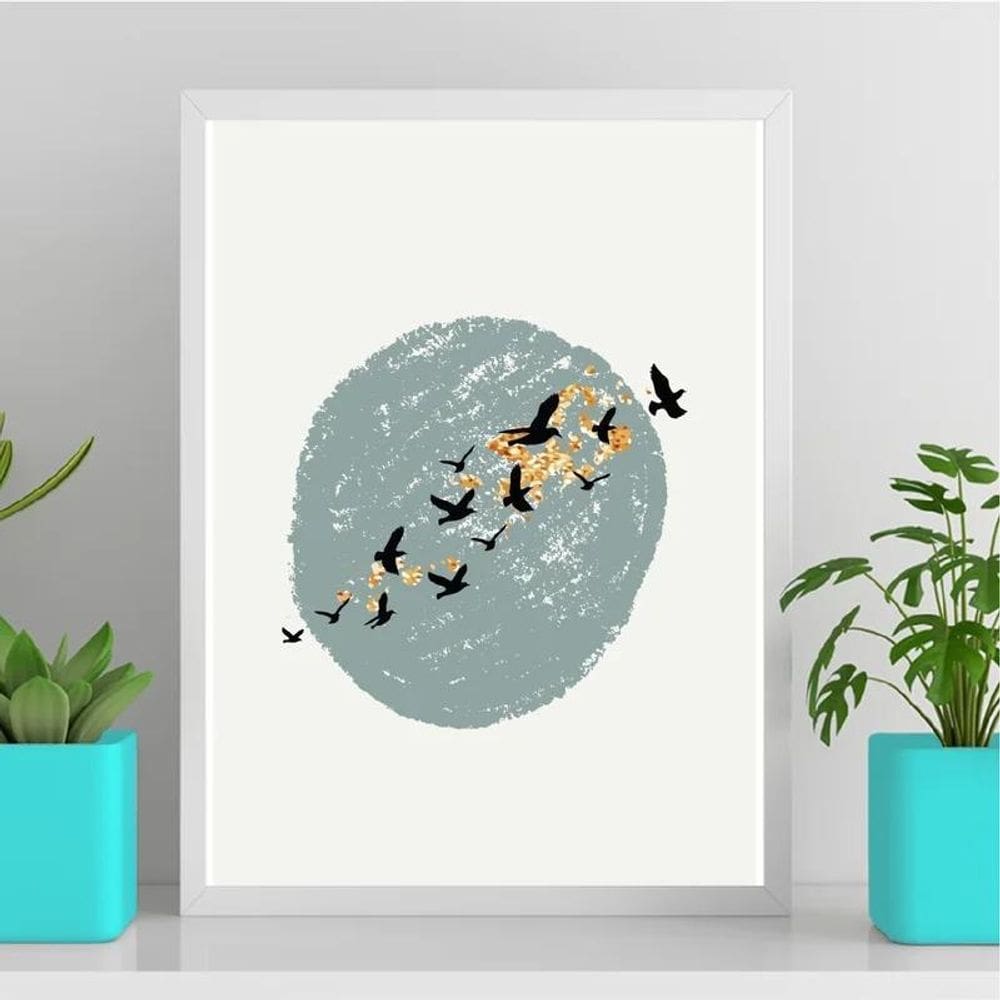 Quadro Abstrato Pássaros Voando 33X24Cm - Com Vidro Branca