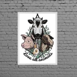 Quadro Vegetariano Love All Animals Moldura Branca 24X18Cm