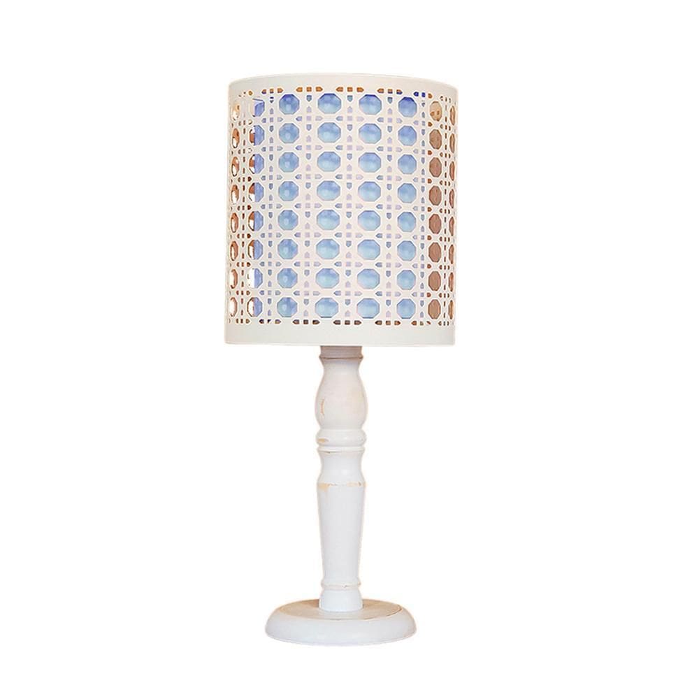Abajur Cúpula Com Recorte Palha Base Branco Provençal Azul