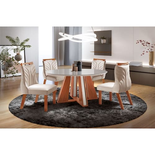 imagem-Conjunto de Jantar Aurora – Mesa Redonda com Tampo de Vidro e 4 Cadeiras Estofadas - LJ - Bege