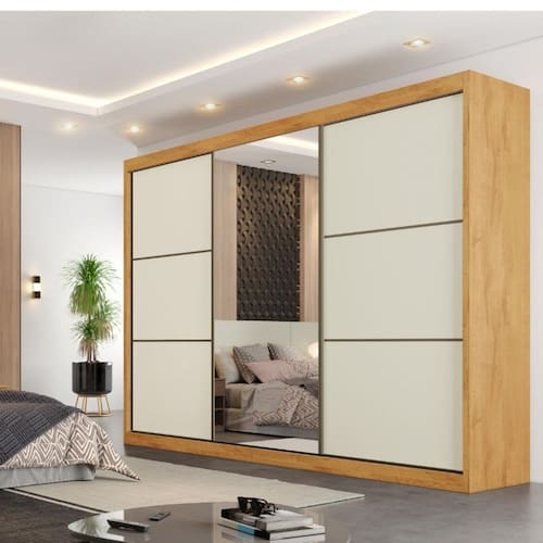 imagem-Guarda Roupa Casal com Espelho 3 Portas de Correr 100 MDF Braganca Europa - Off White 