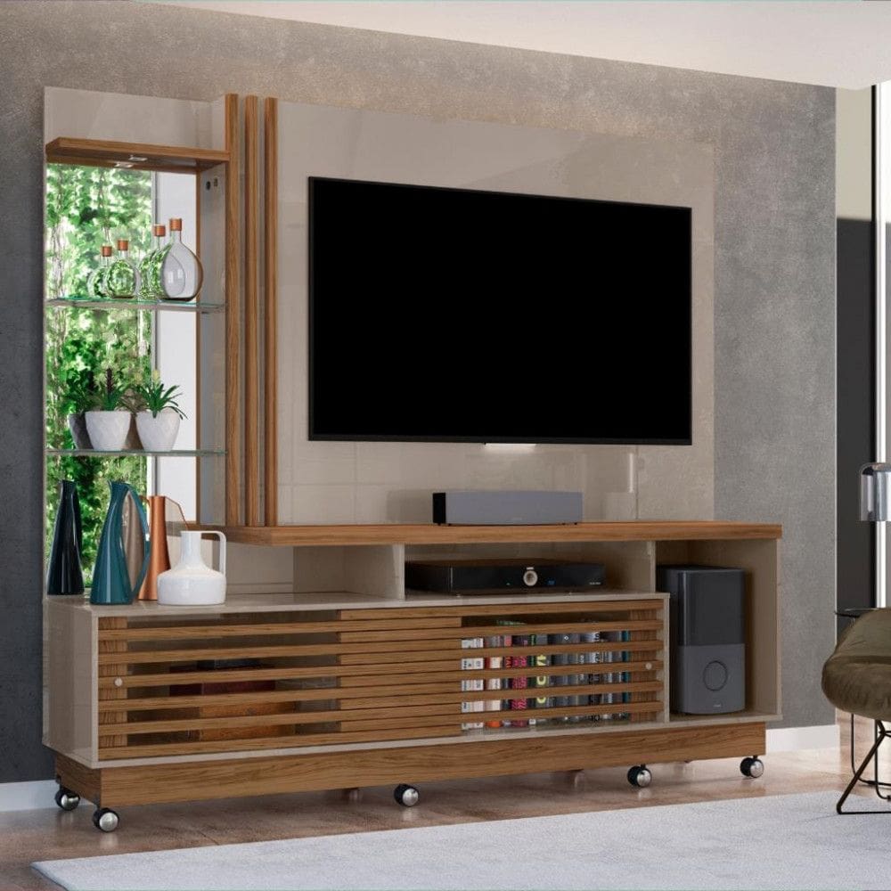 Estante Home para TV até 60 Polegadas com LED Espelho e Prateleira de Vidro 2 Portas com Rodízios Frizz Plus Madetec