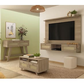 Conjunto Sala Painel p/ TV até 72", Aparador 2 Gavetas, Mesa de Centro Carvalho Trama - Artely