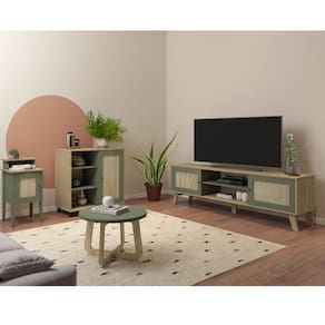 Conjunto Sala Rack p/ TV até 75", Buffet Aparador 1 Porta, mesa centro e Apoio Charlotte Carvalho/Menta - Artely