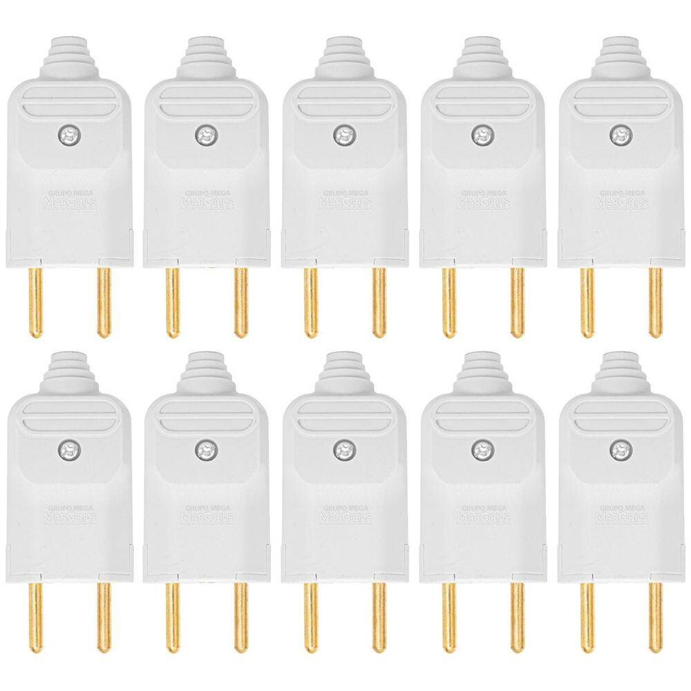 10 Tomada Plug Macho Prensa Cabo 2 Pinos Finos 10A Branco