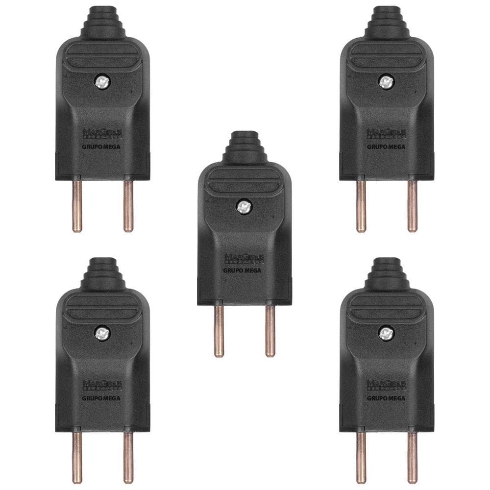 Kit 5 Tomada Plug Macho Prensa Cabo 2 Pinos Finos 10A Preto
