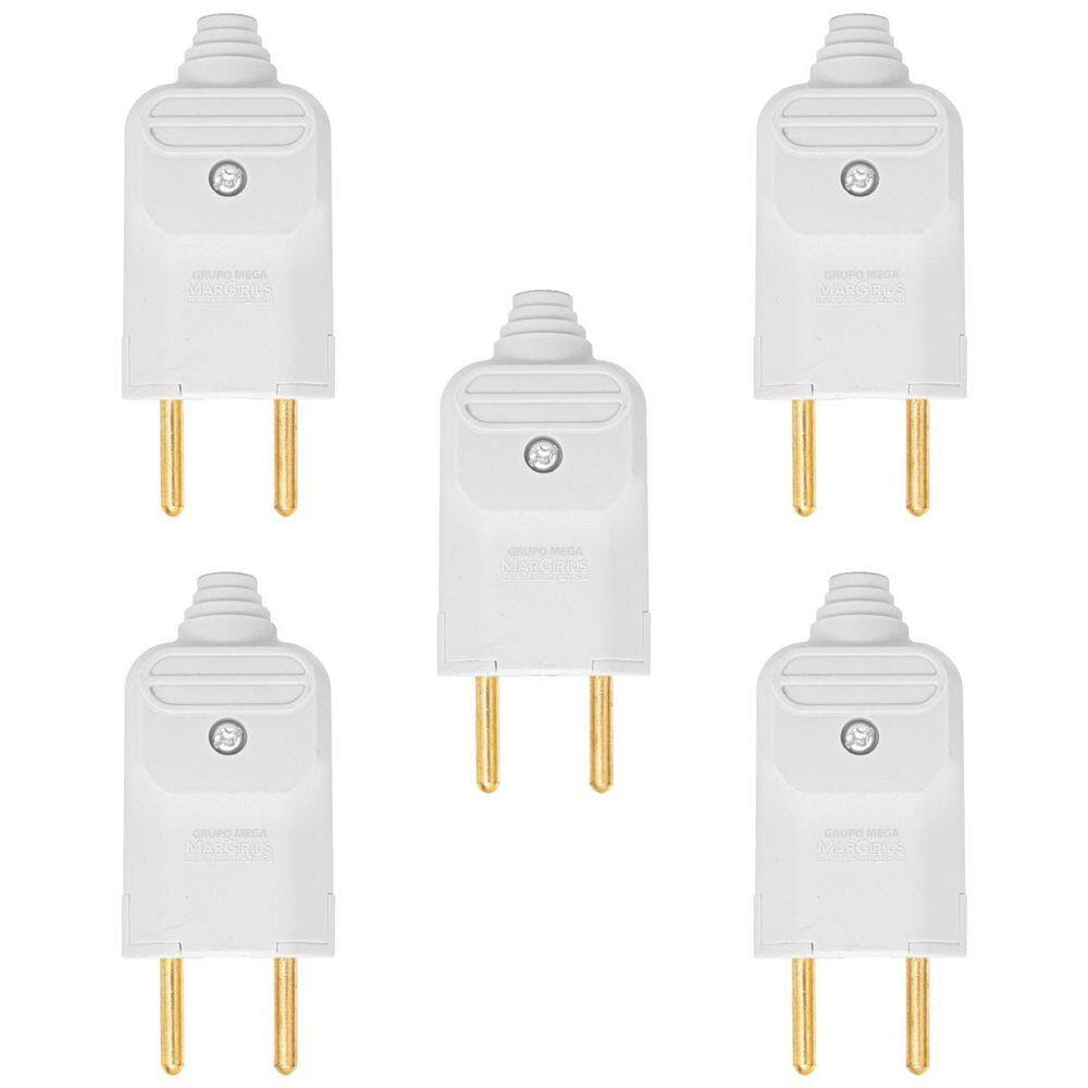 Kit 5 Tomada Plug Macho Prensa Cabo 2 Pinos Finos 10A Branco