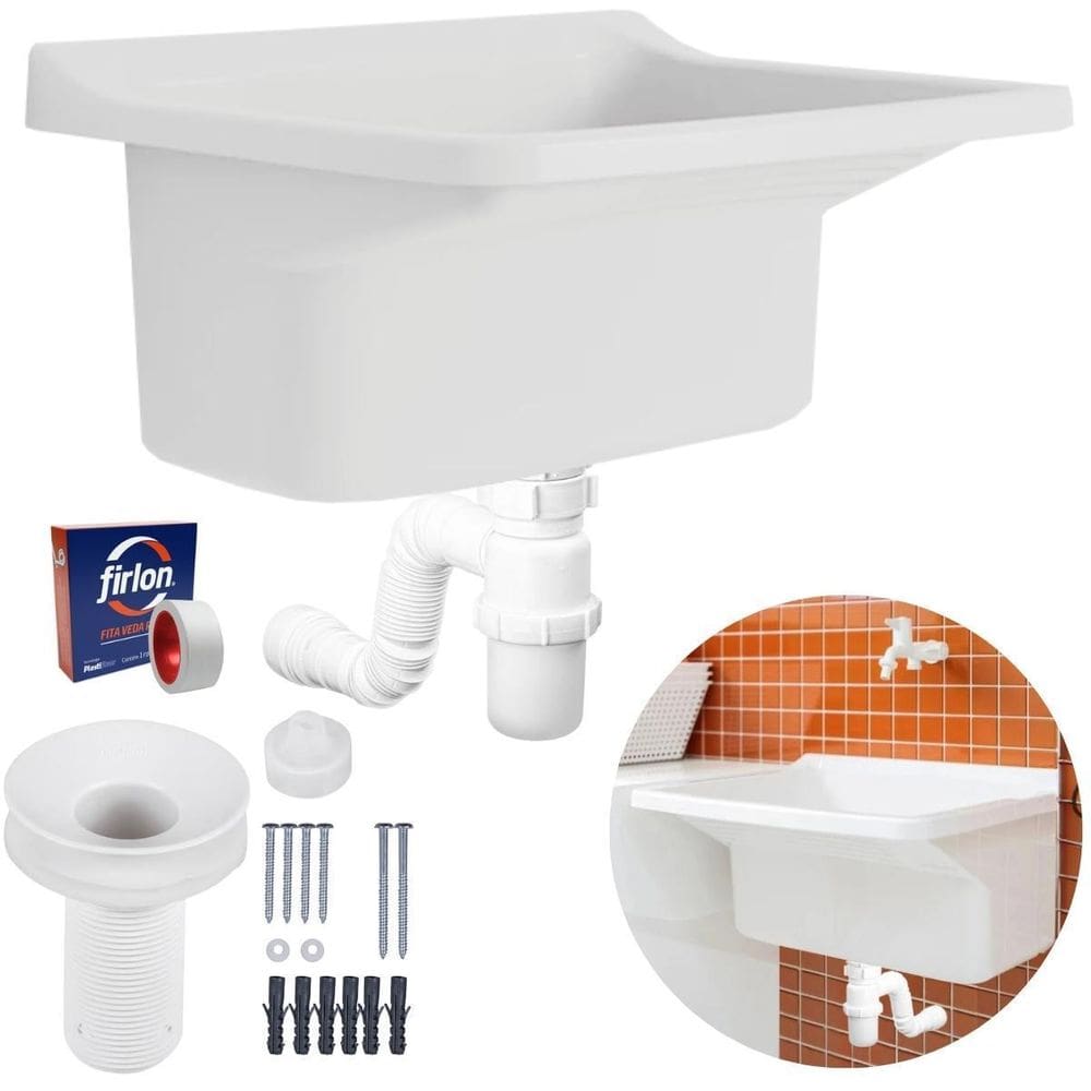 Tanque Plástico 40L Lavanderia Branco + Sifão Copo Universal