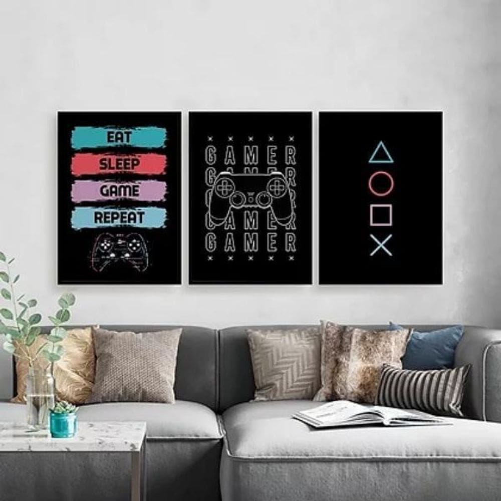 Kit  Quadros Eat Sleep Game Repeat 33X24Cm 3 Peças