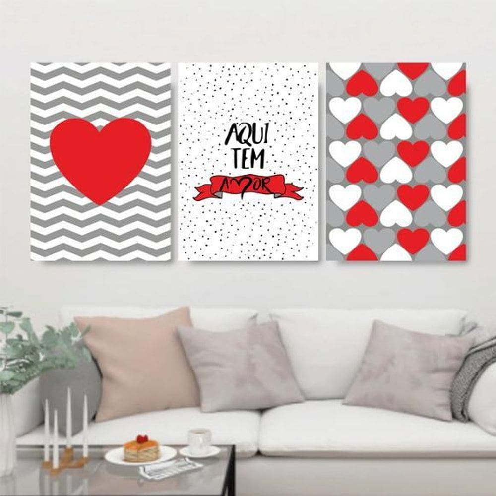 Kit 3 Quadros Aqui Tem Amor Vermelho E Cinza 24X18Cm