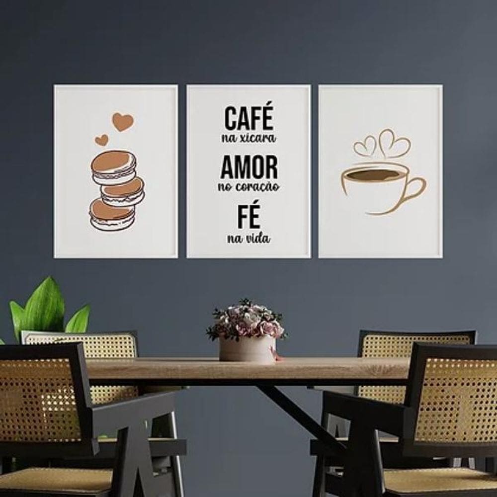 Kit 3 Quadros Café Amor E Fé 45X34Cm - Madeira Branca