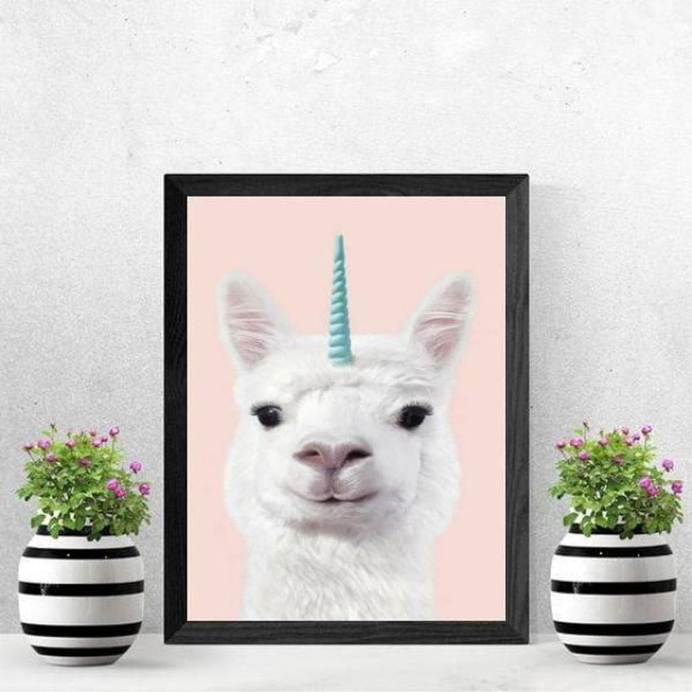 Quadro Decorativo Lhama Unicórnio 45X34Cm Moldura Preta