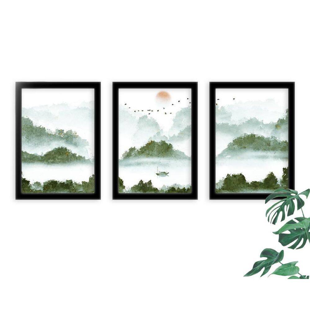 Kit 3 Quadros Decorativos Com Molduras Paisagem Verde