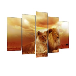 Quadro Decorativo Mosaico 5 Peças Mod041 Leão E Leoa Sol