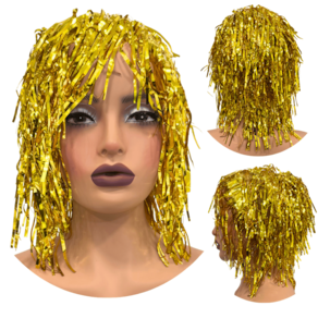 Peruca metalizada festa fantasia carnaval franja dourado