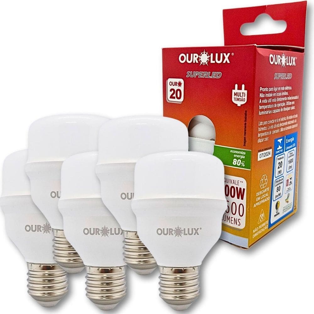 Kit 5 Lampadas Superled Alta Potencia Ourolux 20W E27 6500K