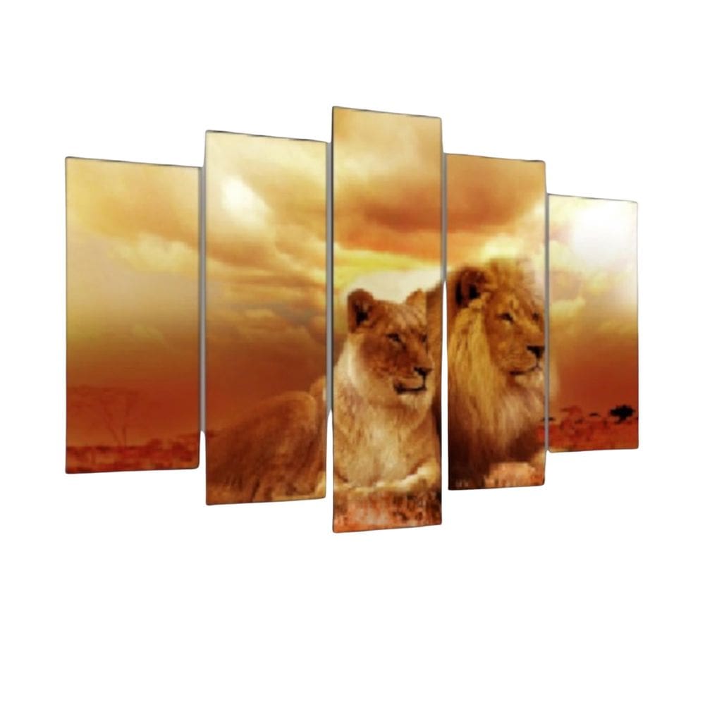 Quadro Decorativo Mosaico 5 Peças Mod041 Leão E Leoa Sol