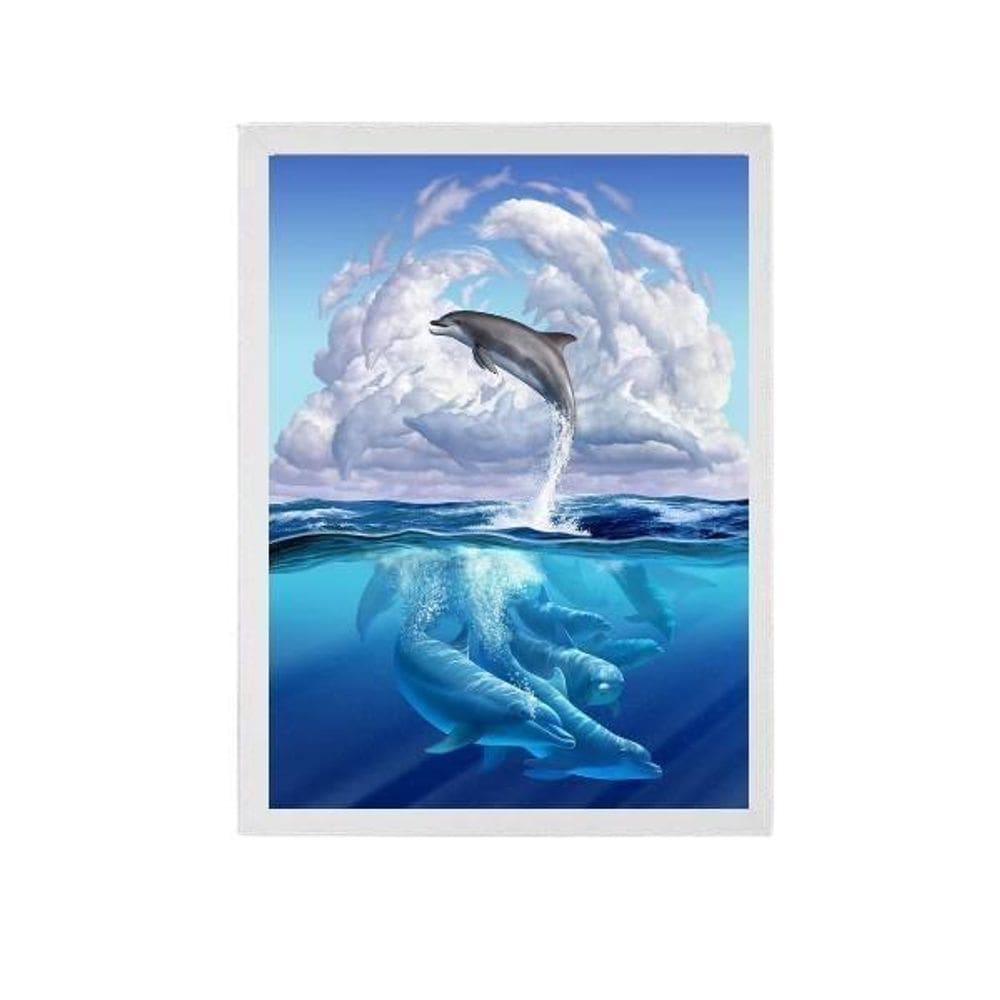 Quadro Decorativo Golfinhos No Mar Moldura Branca 24X18Cm