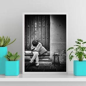 Quadro Fotografia Sanfoneiro 45X34Cm - Madeira Branca