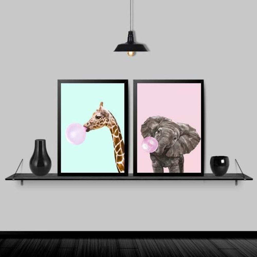 Kit 2 Quadros Girafa E Elefante Chiclete 33X24 Moldura Preta