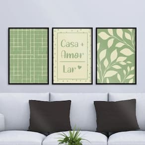 Kit 3 Quadros Casa Amor Lar | 45x34cm | Madeira Preta