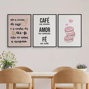 Kit 3 Quadros Xícara De Café E Wi-Fi 24X18Cm Com Vidro Preta