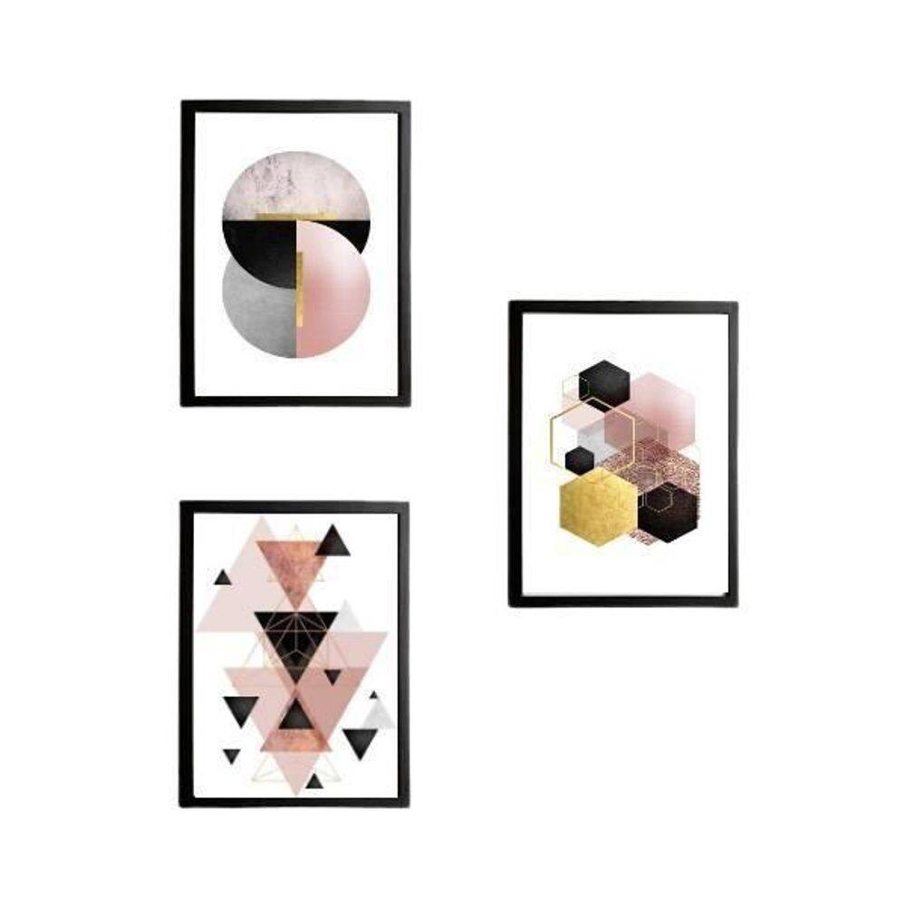 Quadros Geométrico Escandinavo Moldura Preta 24X18Cm 3Un