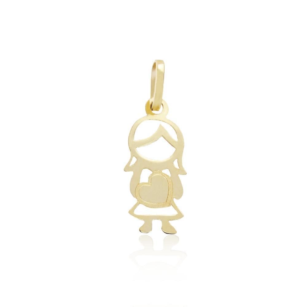 Pingente Menina Coração Vazado 1,5Cm Em Ouro 18K