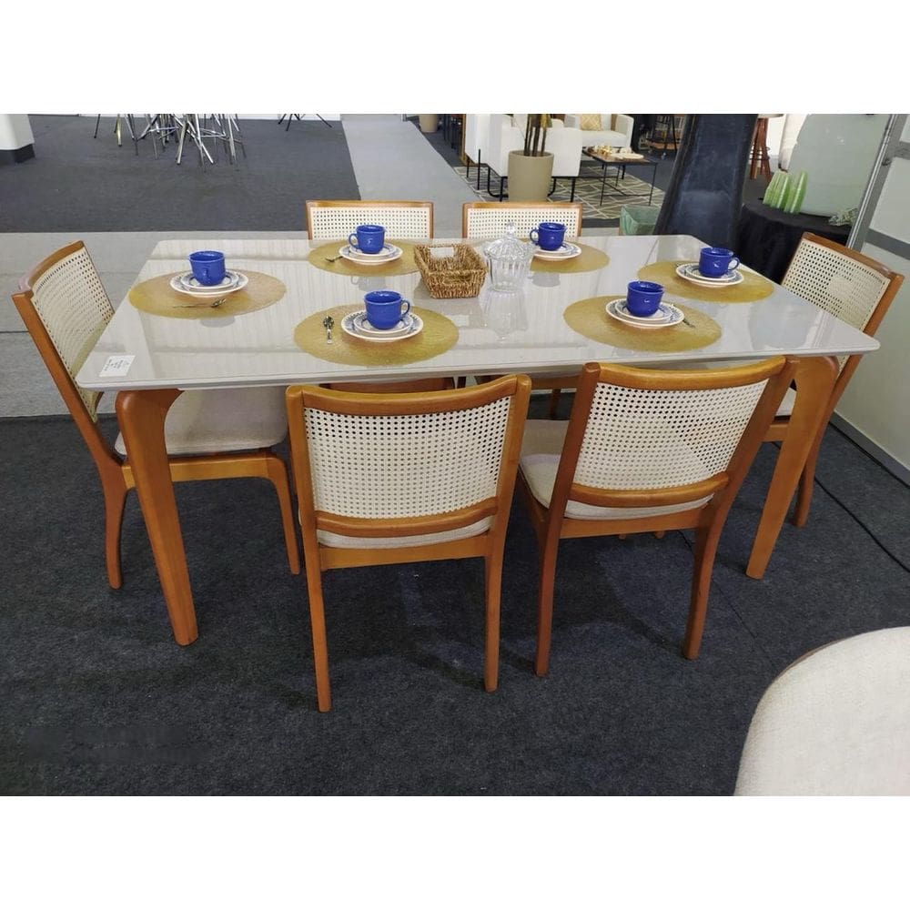 Sala de Jantar Madeira Maciça com vidro  6 Cadeiras 1,80x1,0m - Esparta - Requinte  Salas